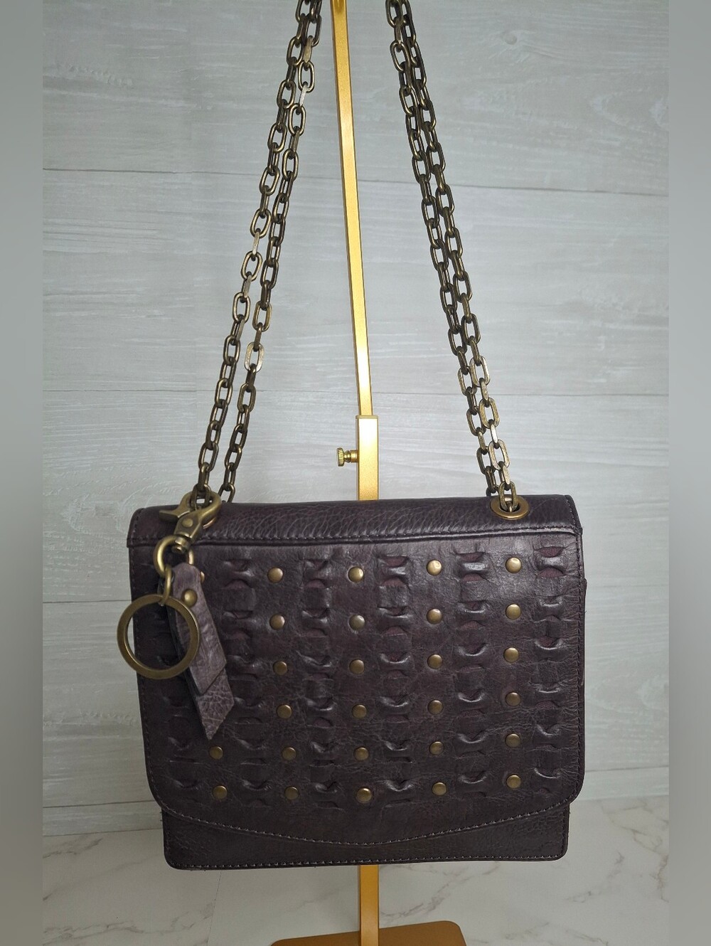Frye Jade Studded Woven Leather Crossbody Shoulder Bag Dark Brown